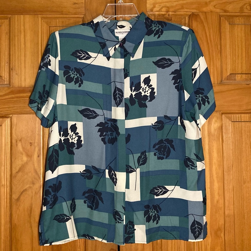 EUC Alfred Dunner Vintage 90s Top Short Sleeve Blouse Green White Blue Size 16